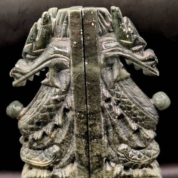 Vintage Pair Hand Carved Solid Genuine Green Jade Dragon Bookends - 10" Tall - Picture 7 of 15